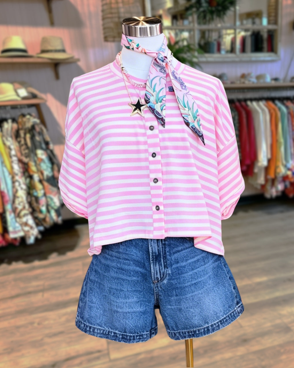 Striped Collins Button Tee
