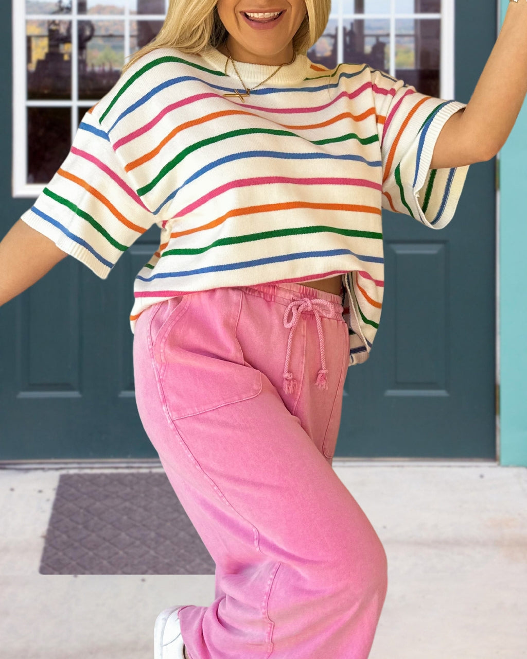 Colorful Striped Ribbed Crew Neck Tee