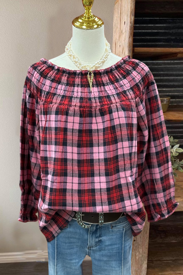 Plaid Drop Shoulder Pleated Top