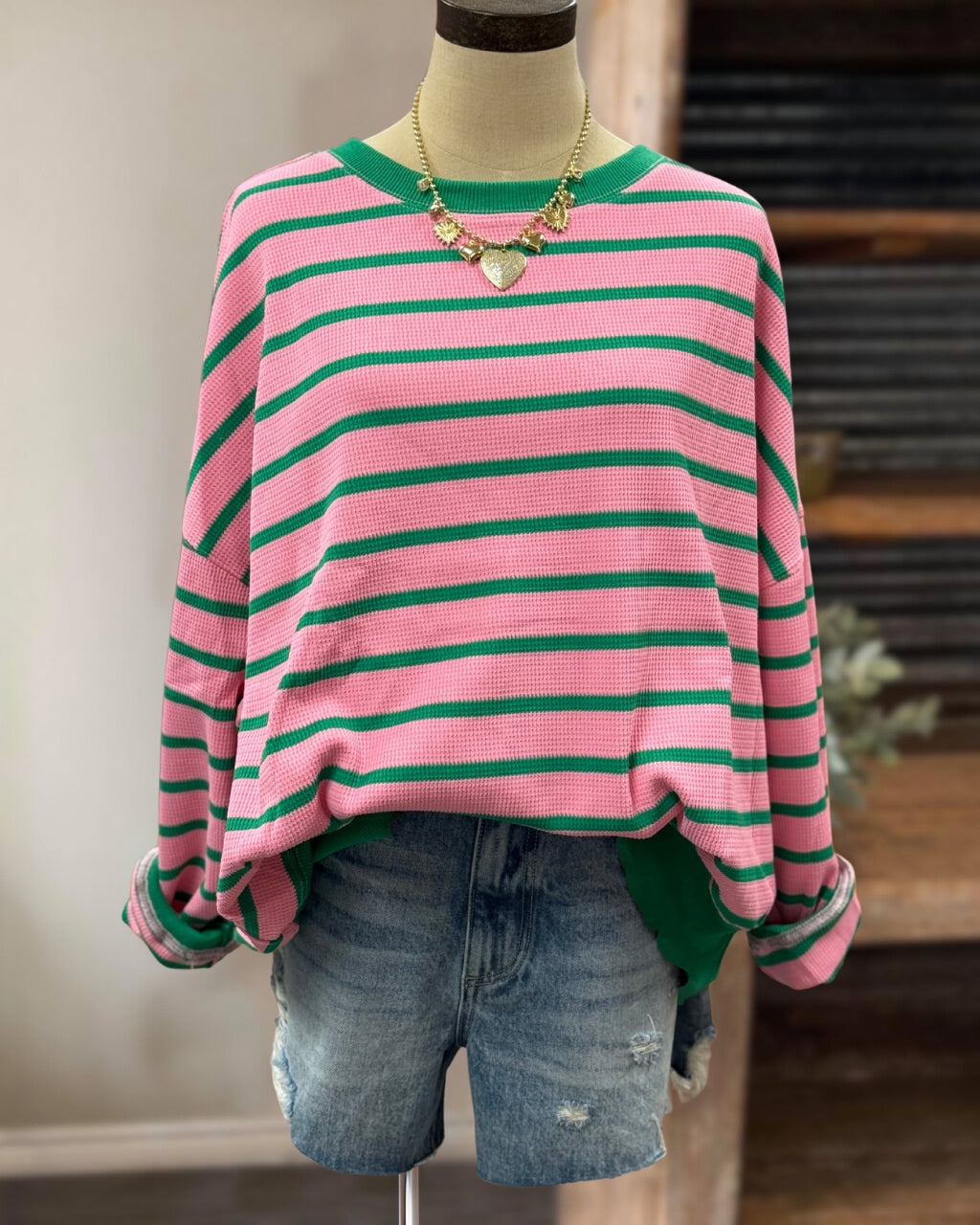 Contrast Stripe Waffle Pullover