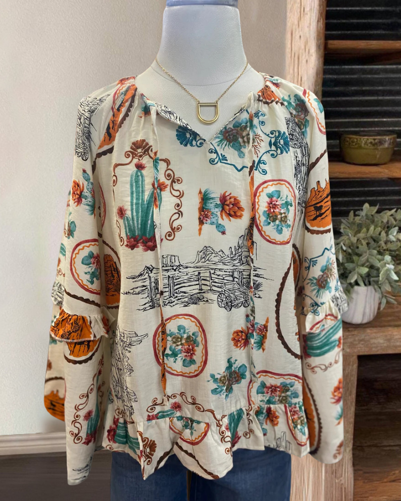 Western Cowboy Ruffled V-Neck Top