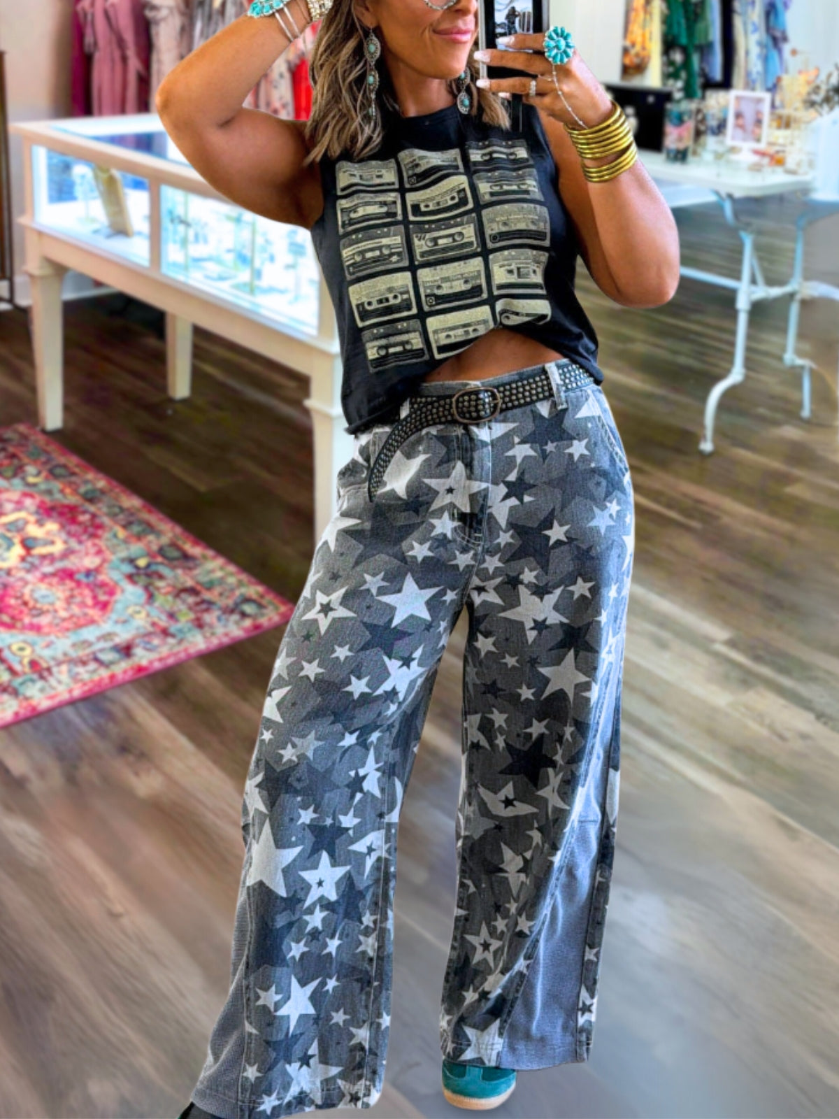 All-Over Star Print Wide Leg Jeans
