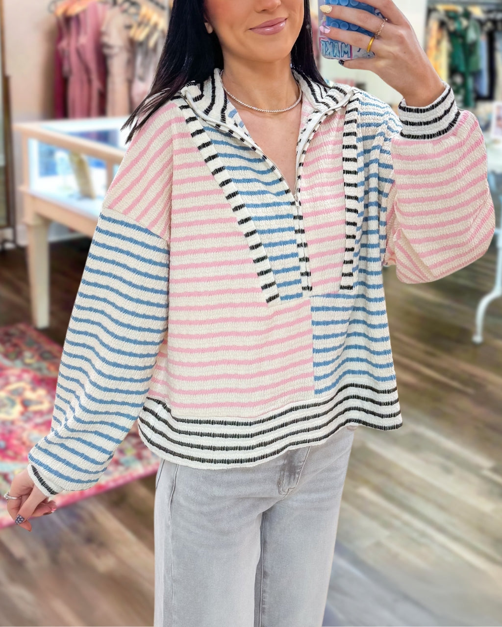 Color Block Striped Half-zip Drop Shoulder Pullover
