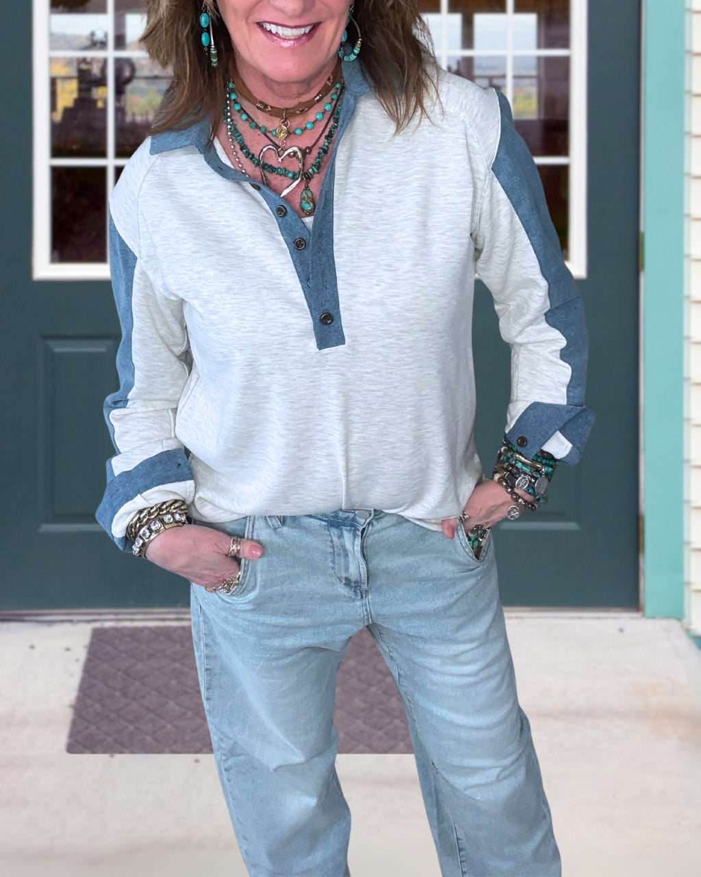 Color Blocked Collared Pullover