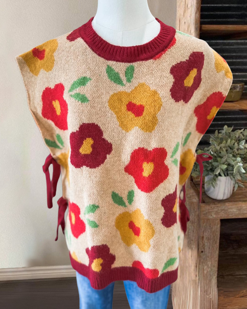 Floral Crew Neck Knitted Vest