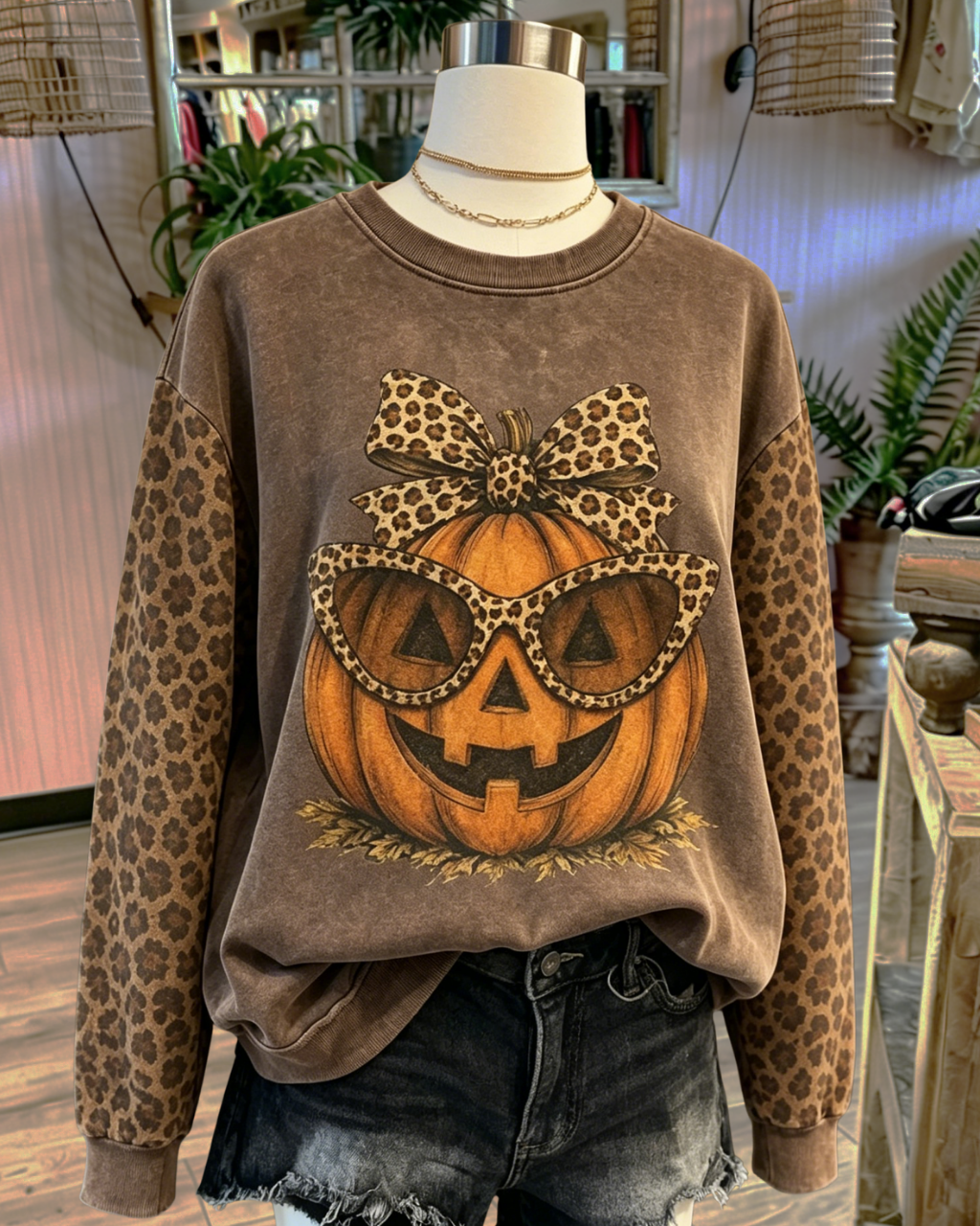 Leopard Print Bow Pumpkin Pullover