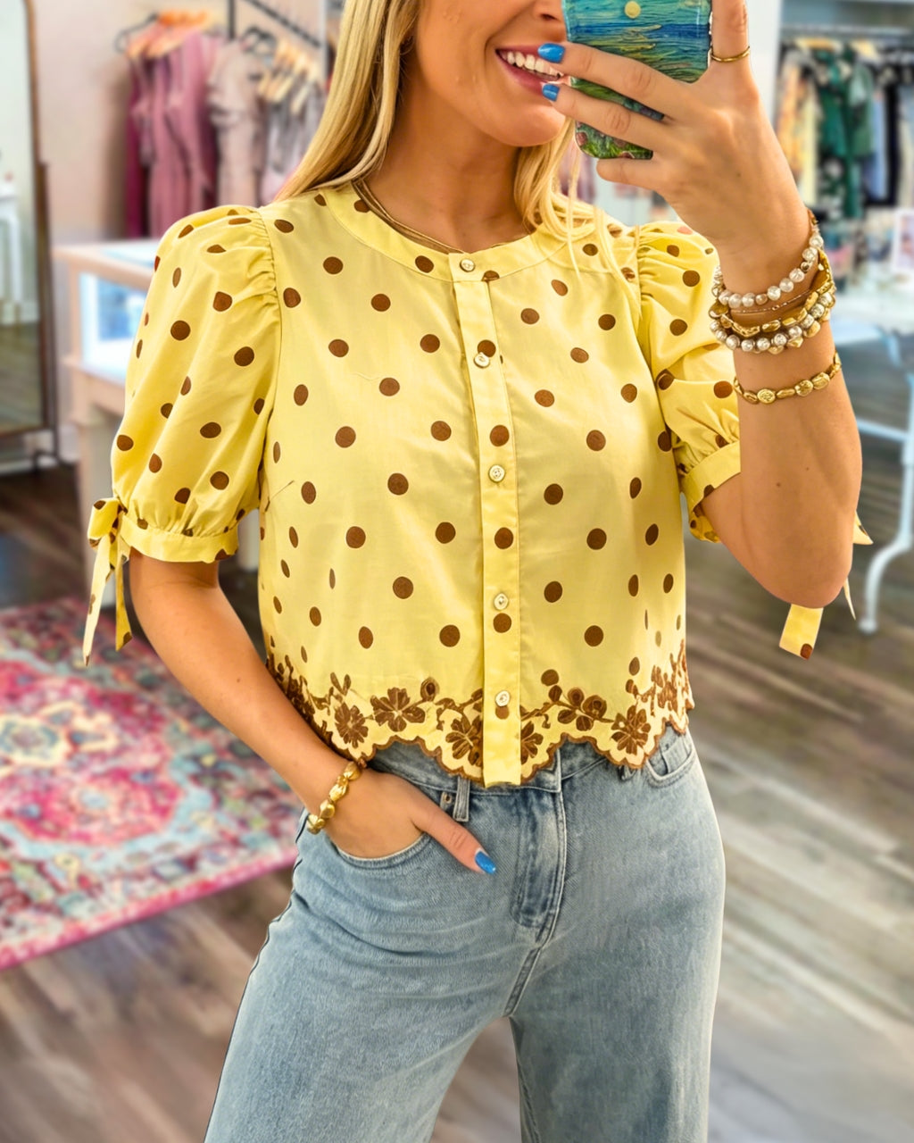 Polka Dot Embroidered Trim Top