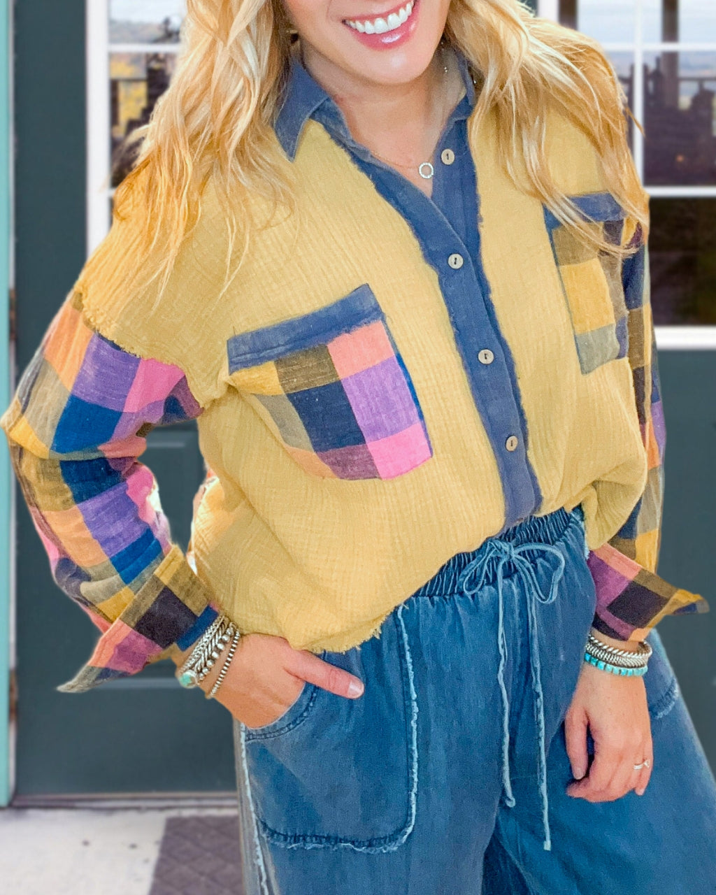 Plaid Patch Colorblock Shirt