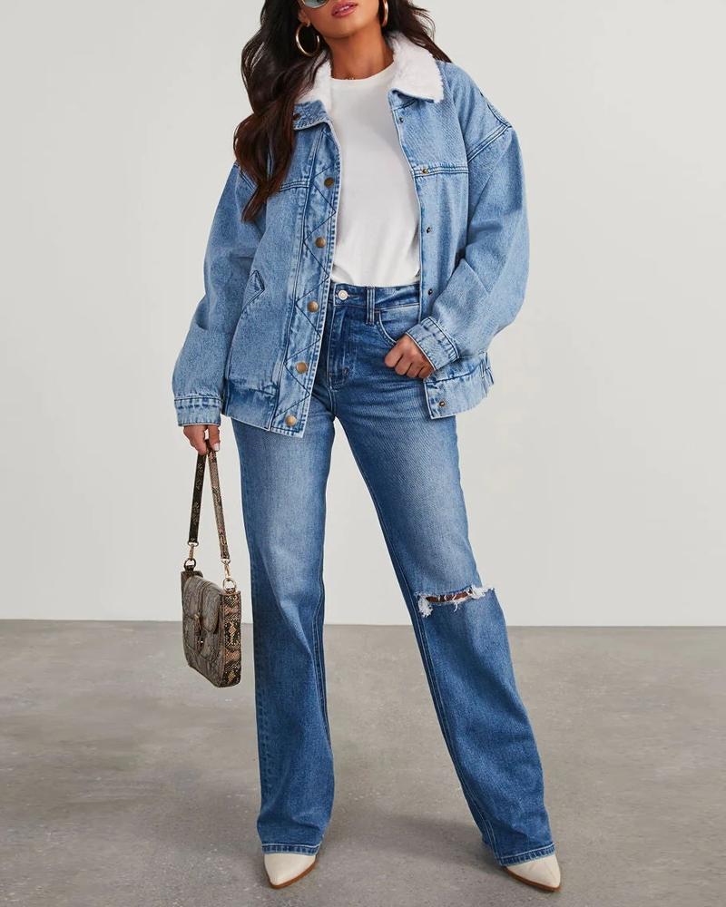 Detachable Plush Collar Denim Bomber Jacket