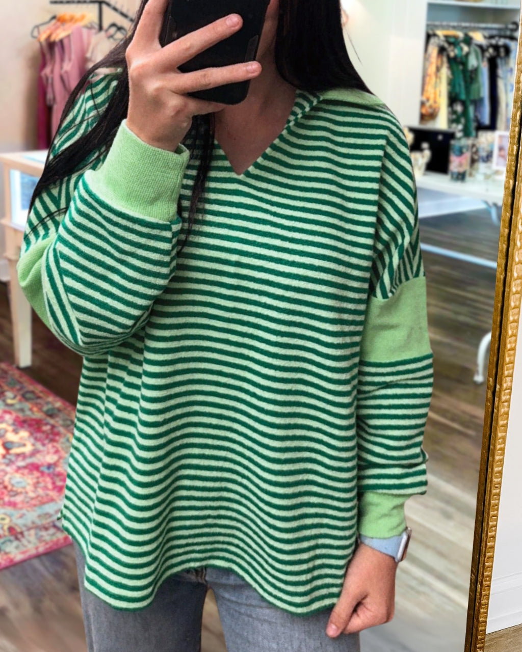 Lapel Striped Sweatshirt-Green