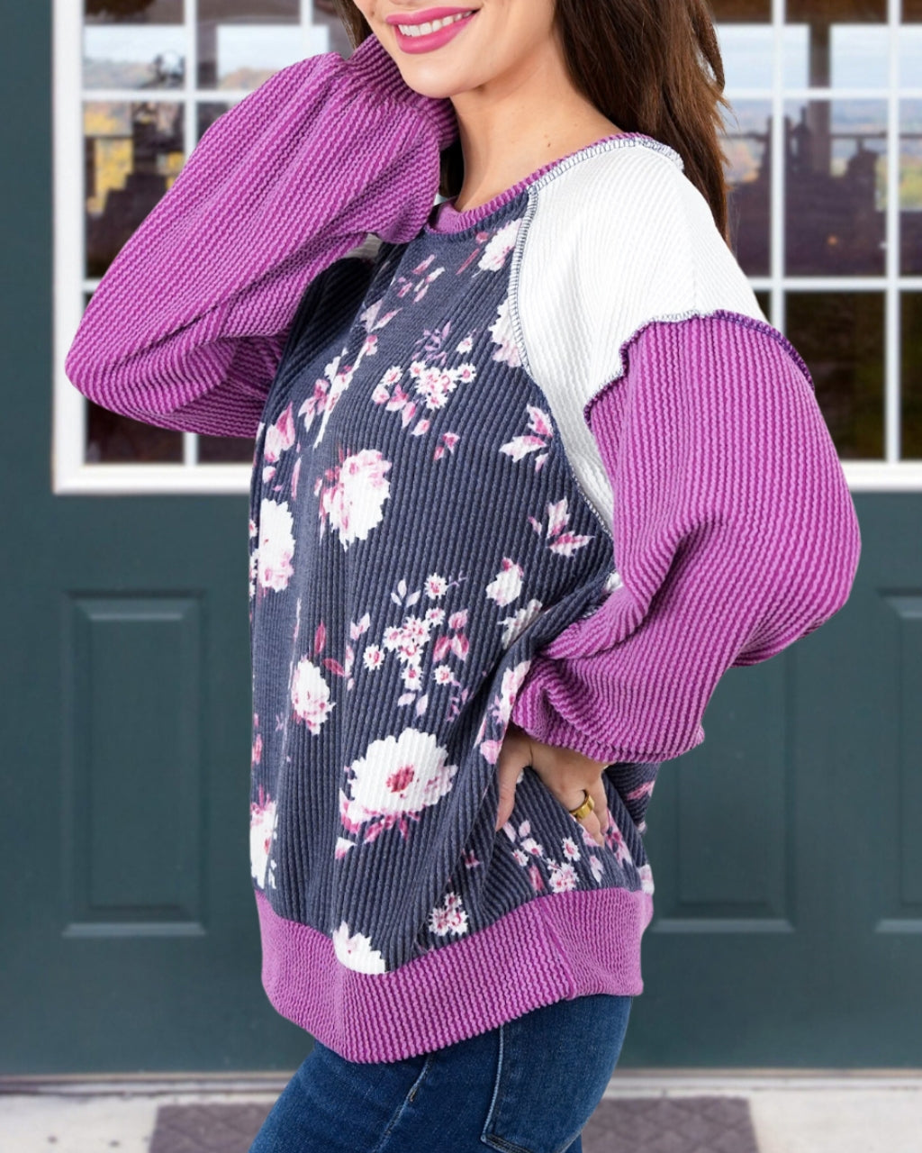 Twisted Ribbed Floral Pullover