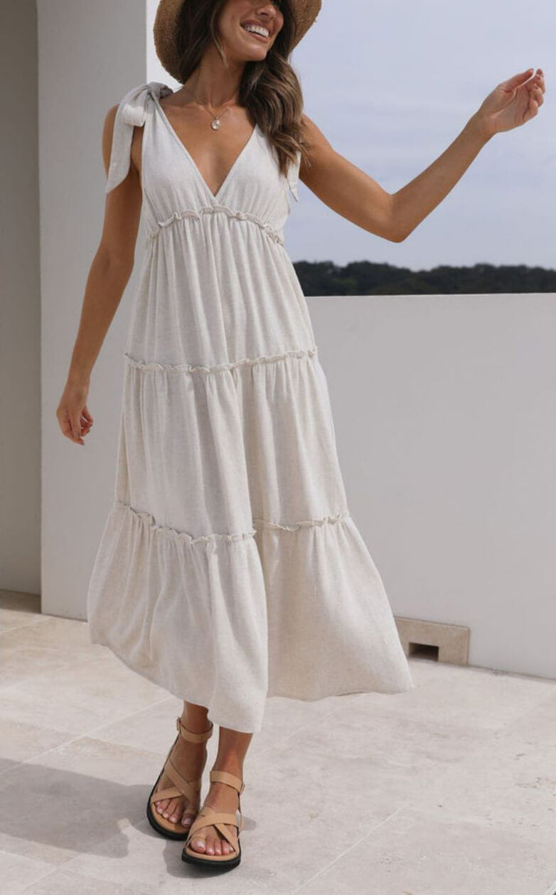 Elegant Linen V-Neck Tie Dress