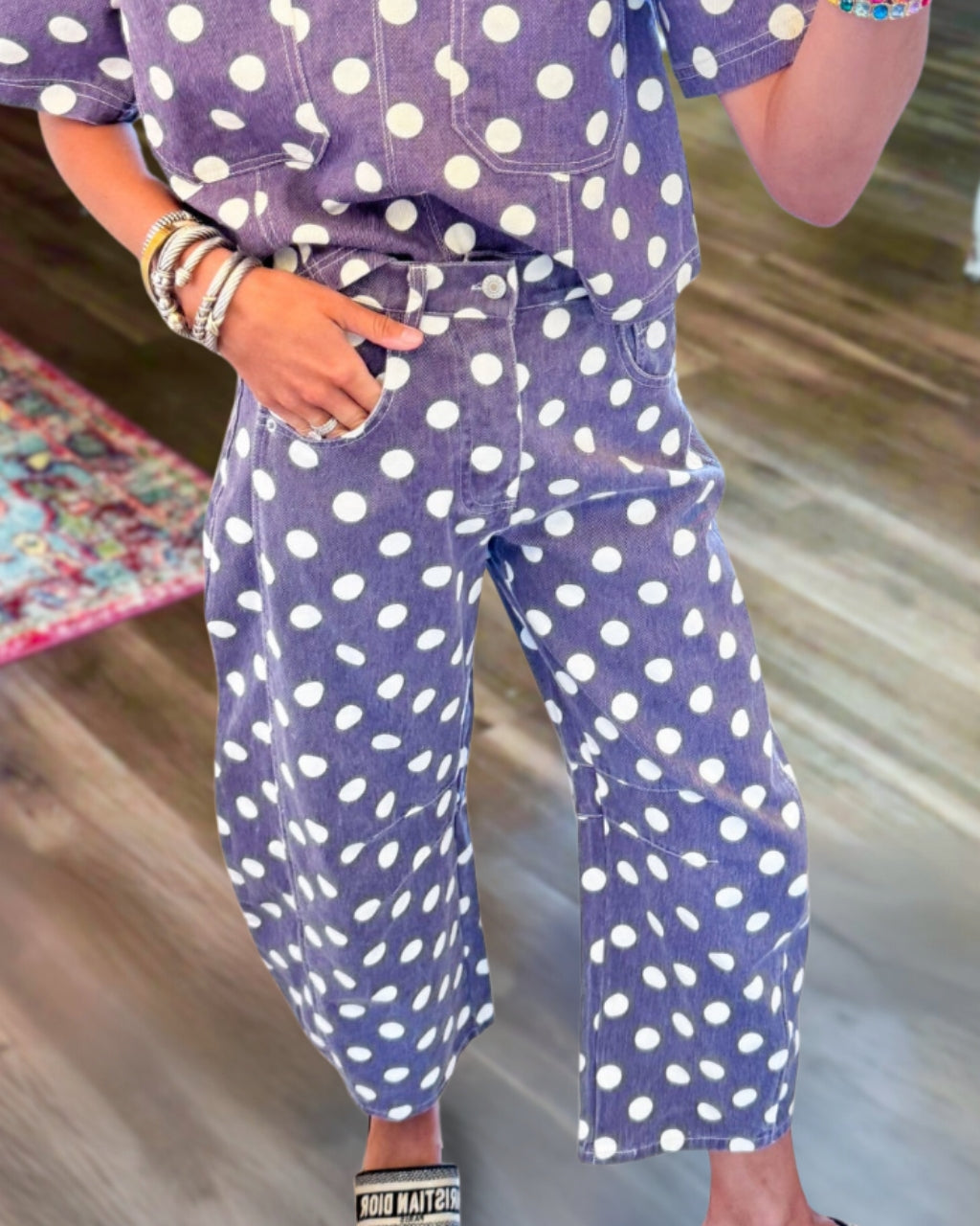 Polka Dot Washed Denim Pants