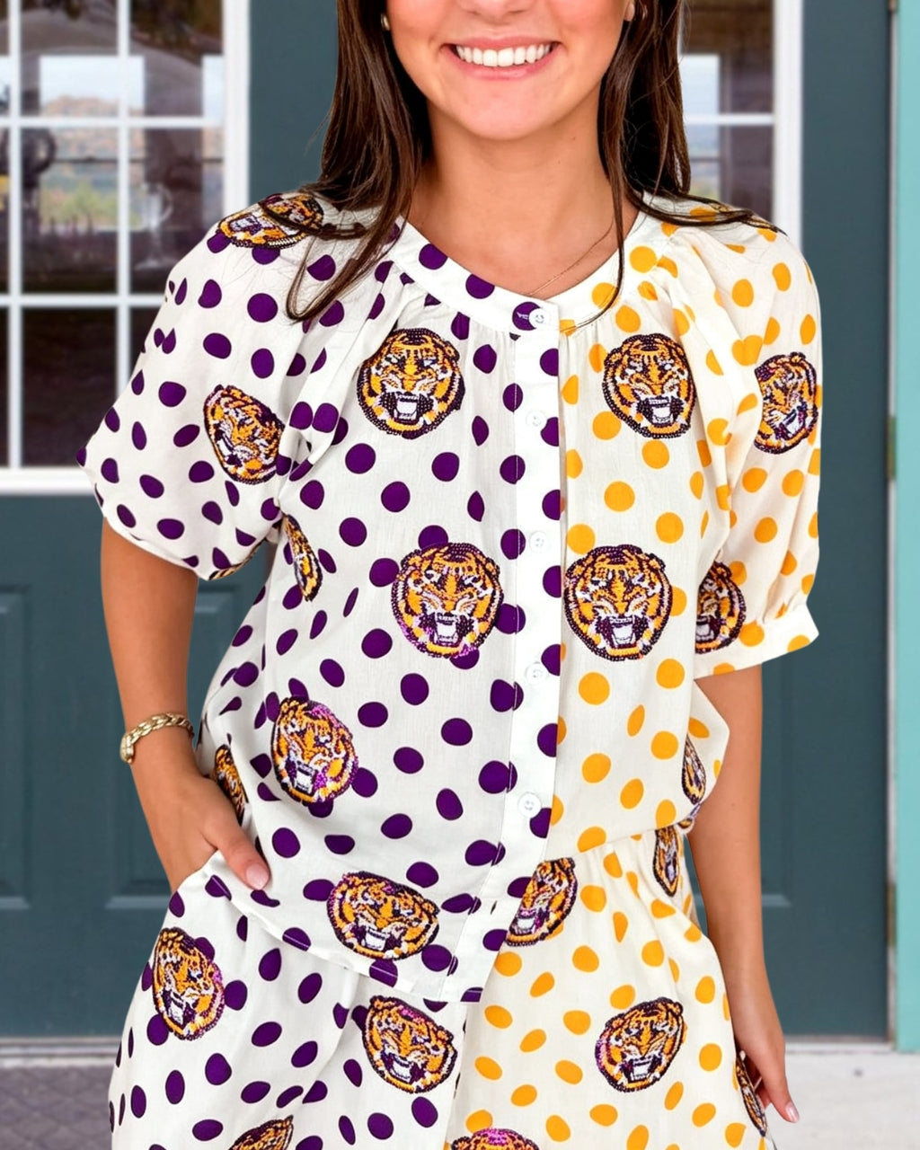 Full Shine Tiger Sequin Polka Dot Top
