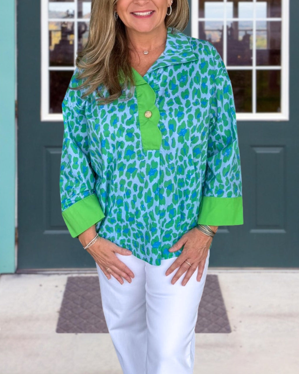 Color-blocked Leopard Half-open Collar Top