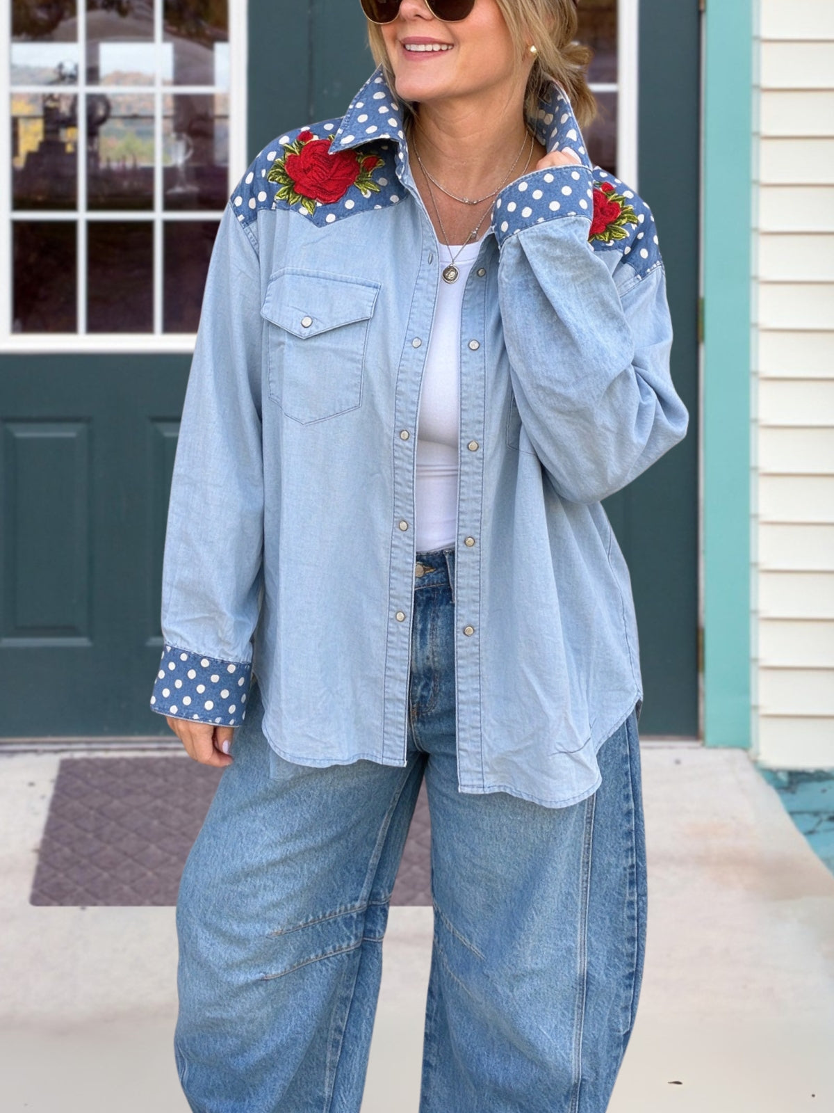 Floral Polka Dot Embroidered Patchwork Shirt