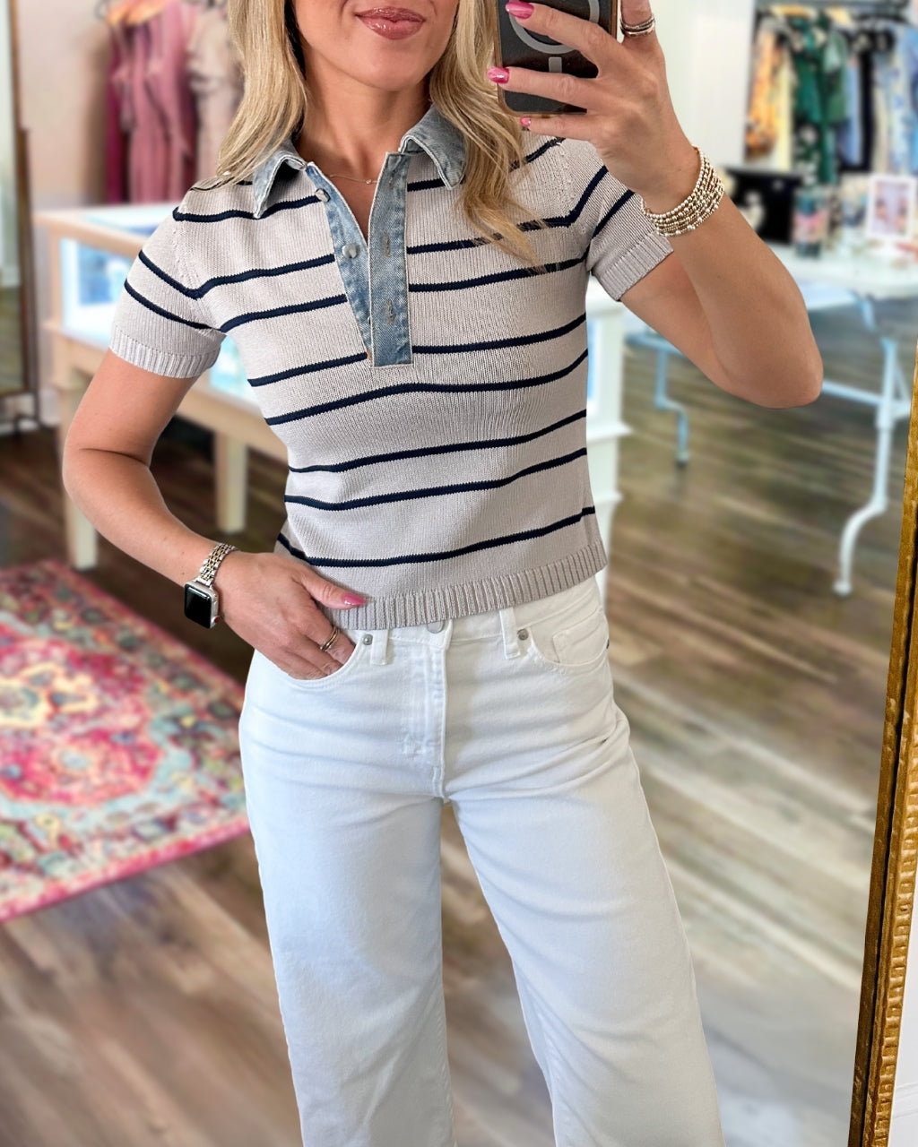 Denim Patchwork Collar Striped Top