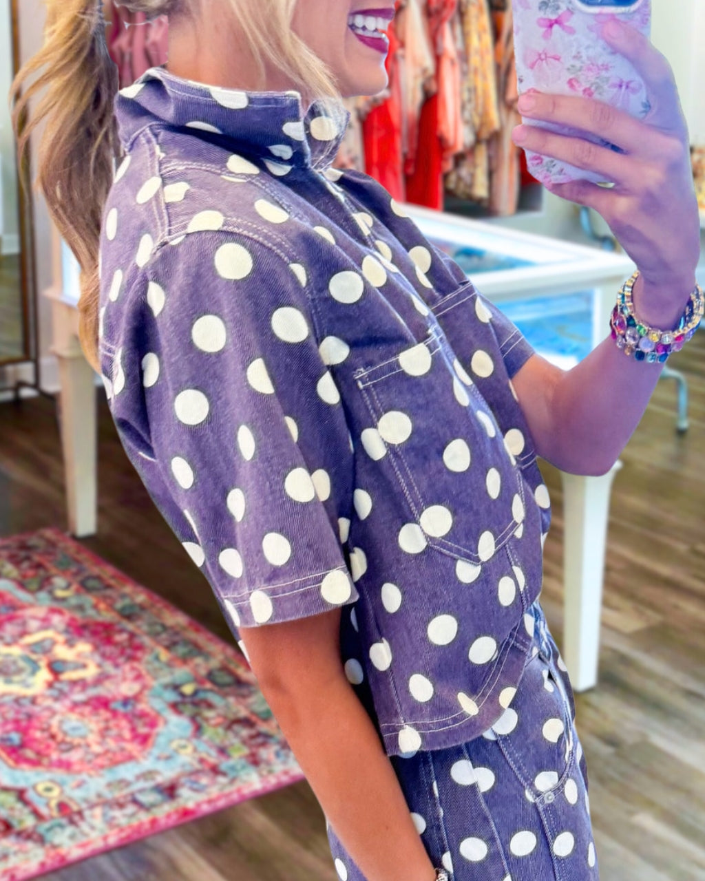 Polka Dot Washed Denim Collared Top
