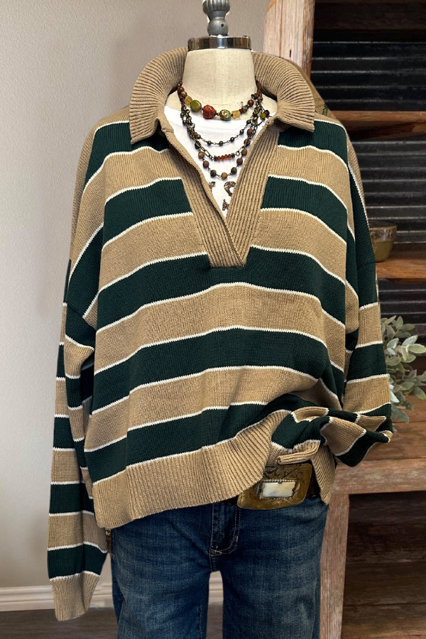 Striped Ribbed Half-open Collar Sweater