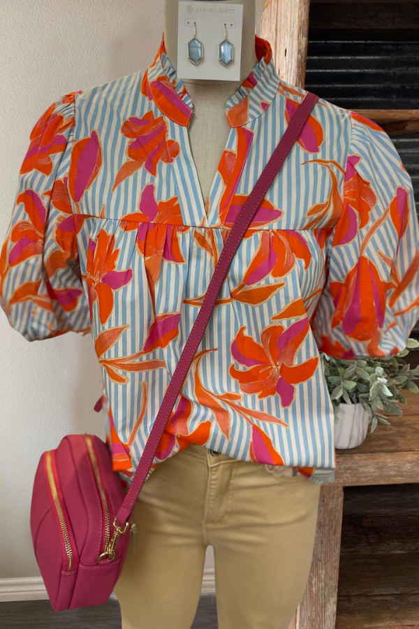 Floral Stripe V-Neck Top