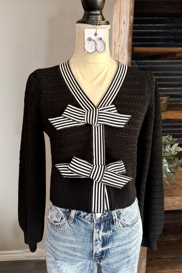 Bow Striped Knit Cardigan