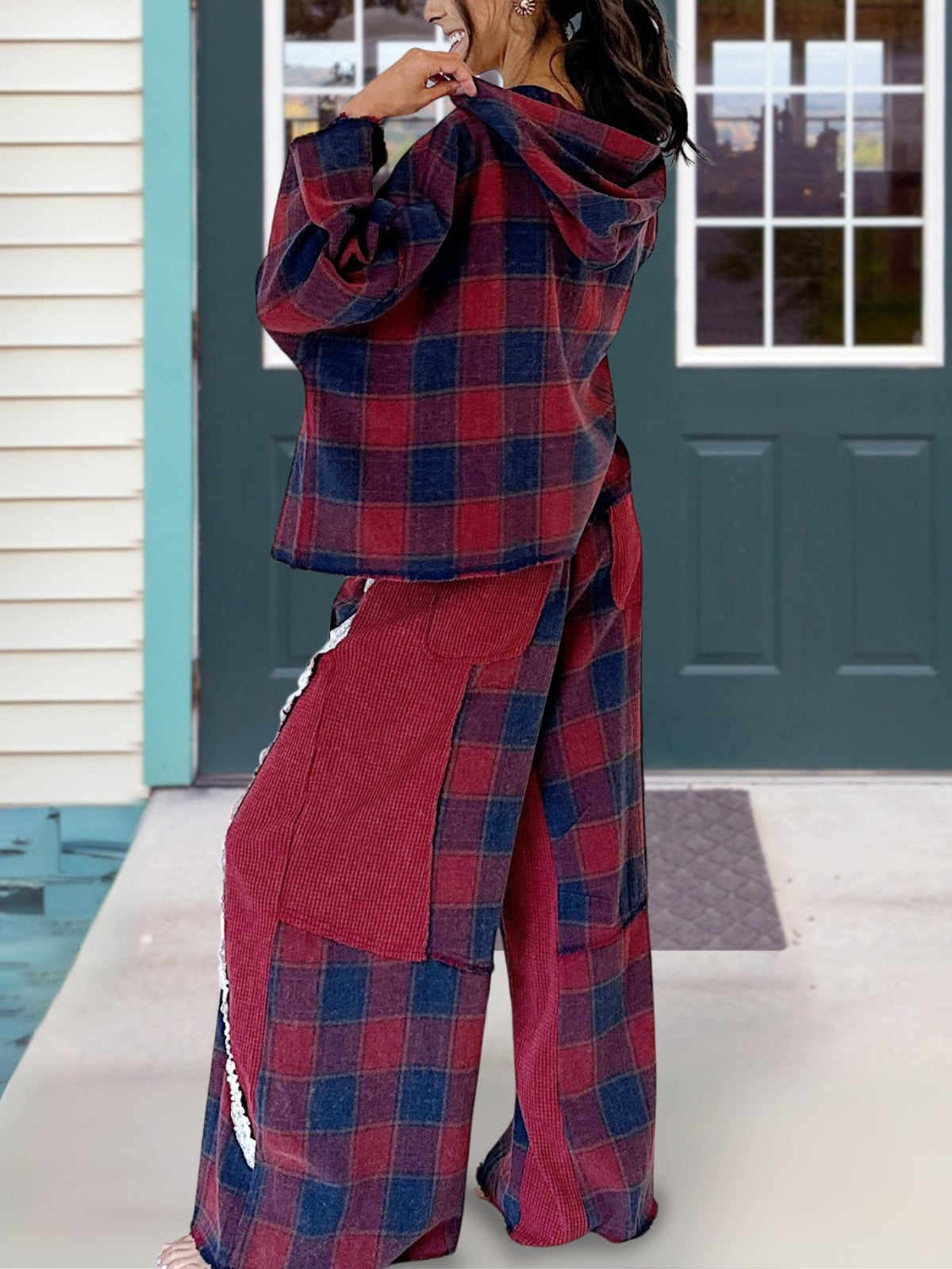 Lace Appliqué Plaid Pants