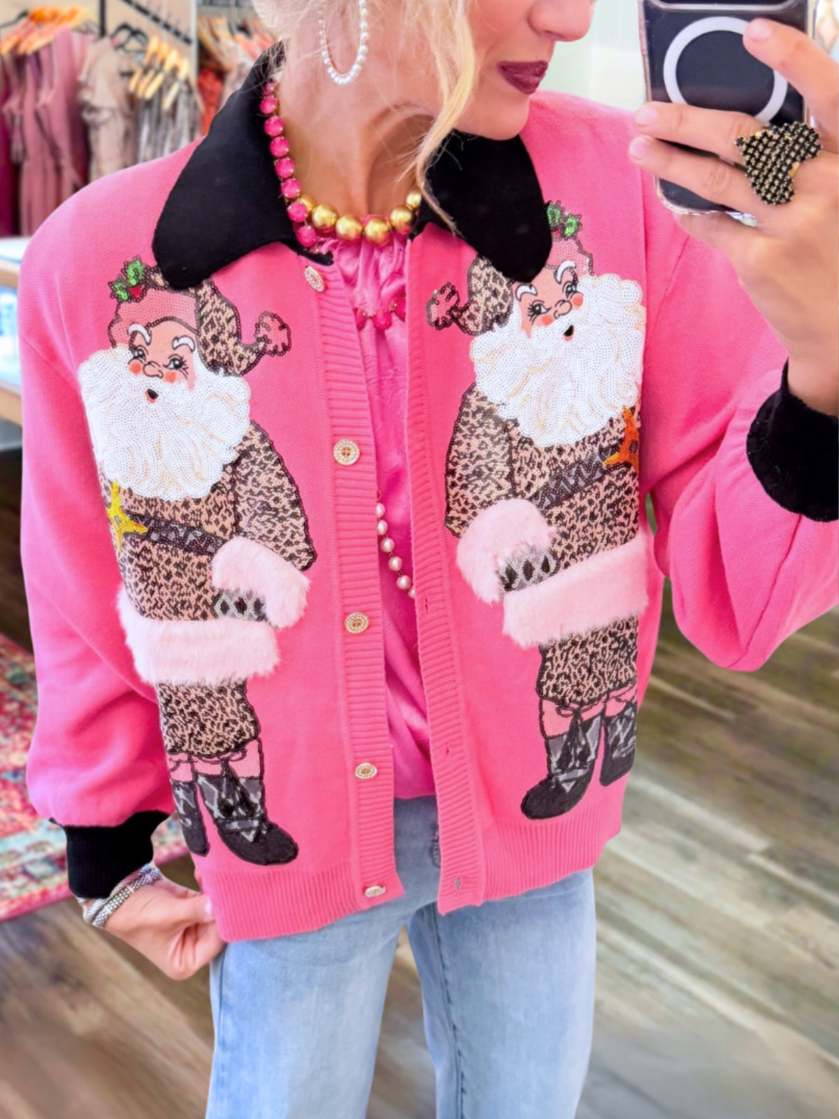 Santa Claus Leopard-Print Sequin Cardigan