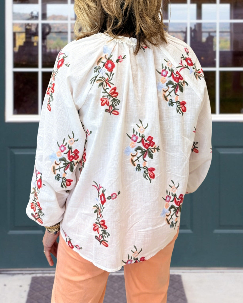 Floral Embroidered Linen V-Neck Top