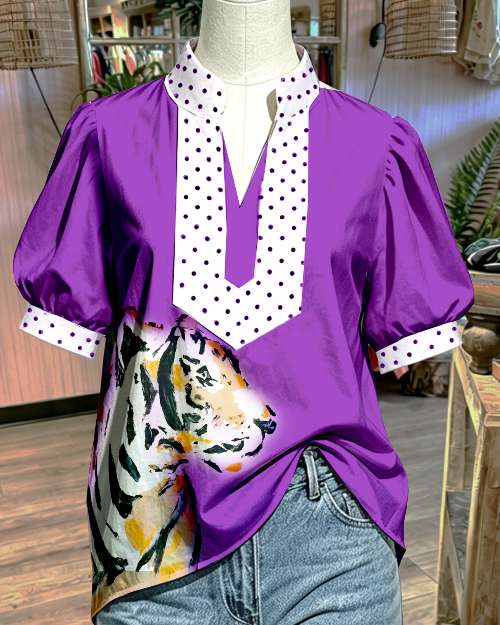 Polka Dot Trim Tiger V-neck Satin Top