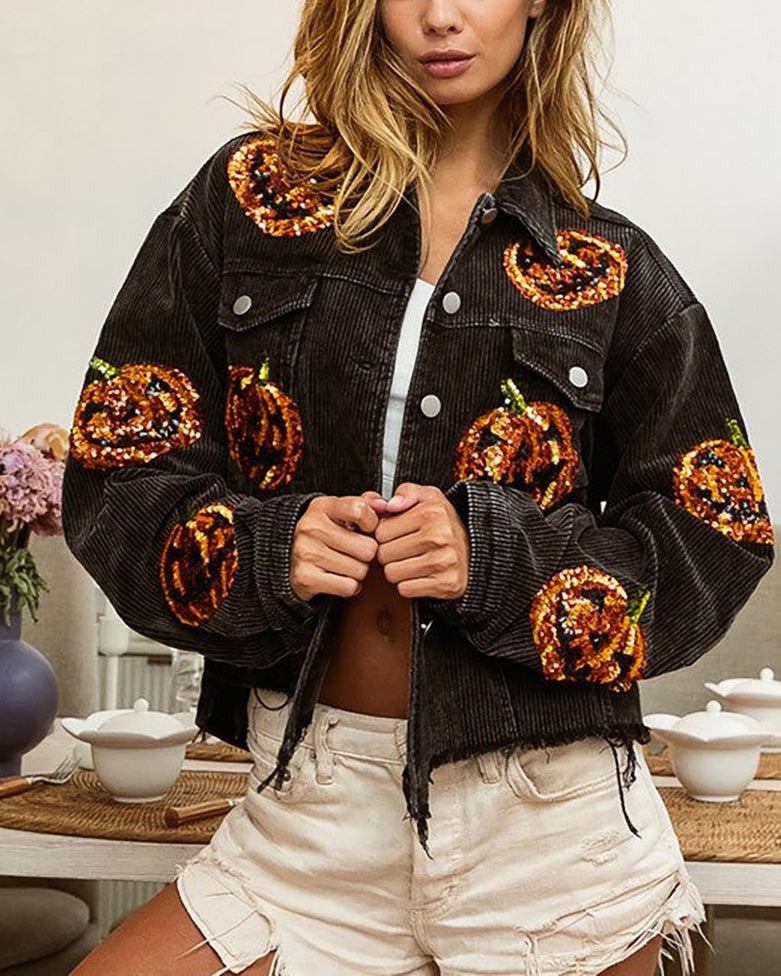 Halloween Pumpkin Sequin Washed Jacket