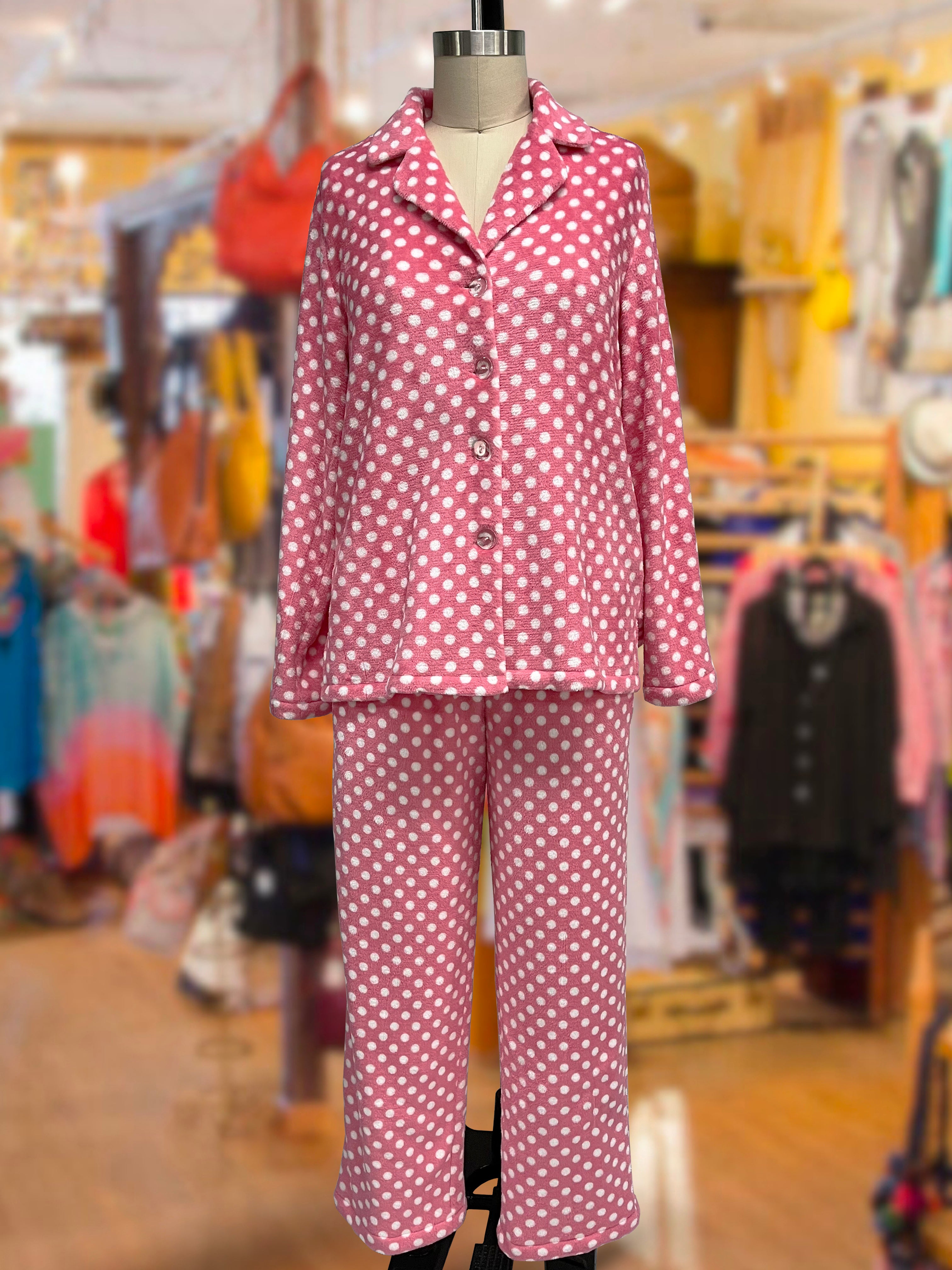 Plush Loungewear Pajama Set Dots Pattern