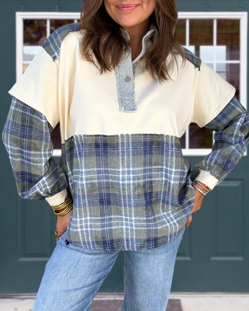Plaid Henley Collar Sweatshirt