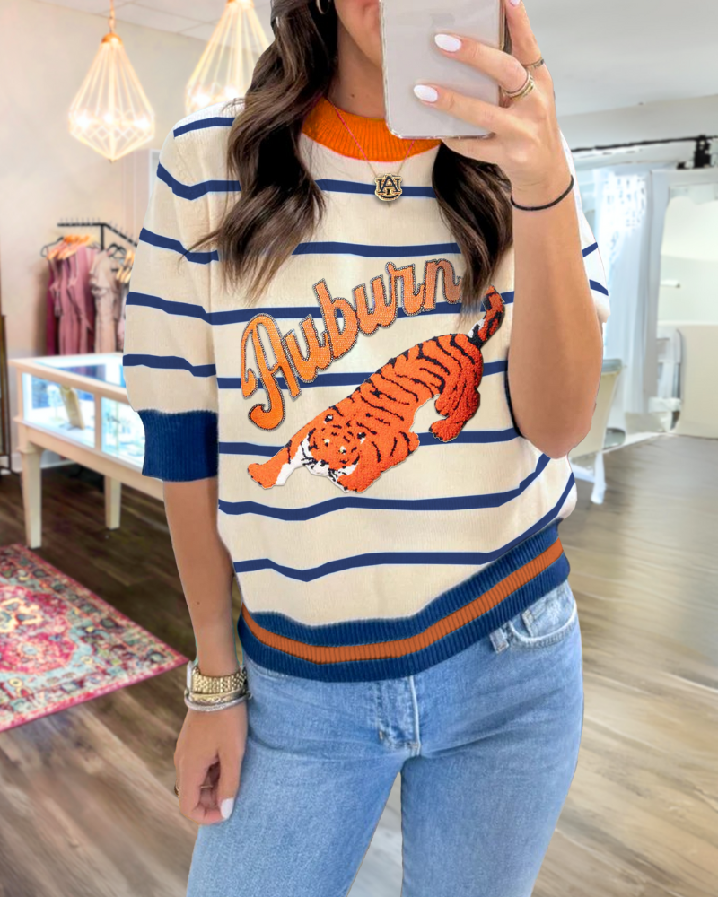 Auburn Tiger Embroidered Striped Sweater