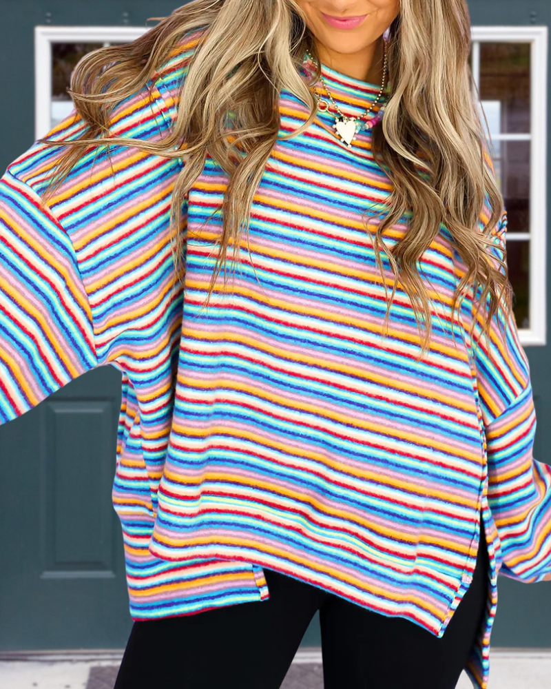 Rainbow Striped Split Pullover
