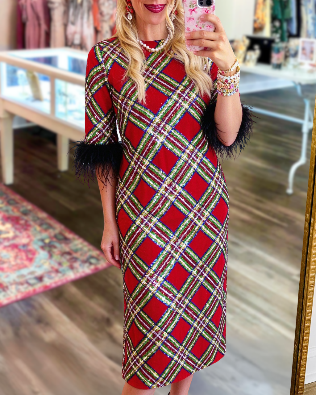 Plaid Feather-Trimmed Satin Dress