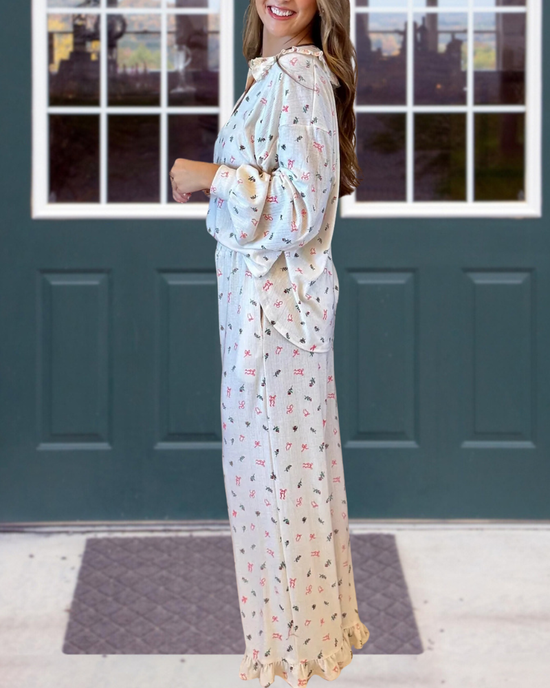 Floral Bow Ruffle Satin Set