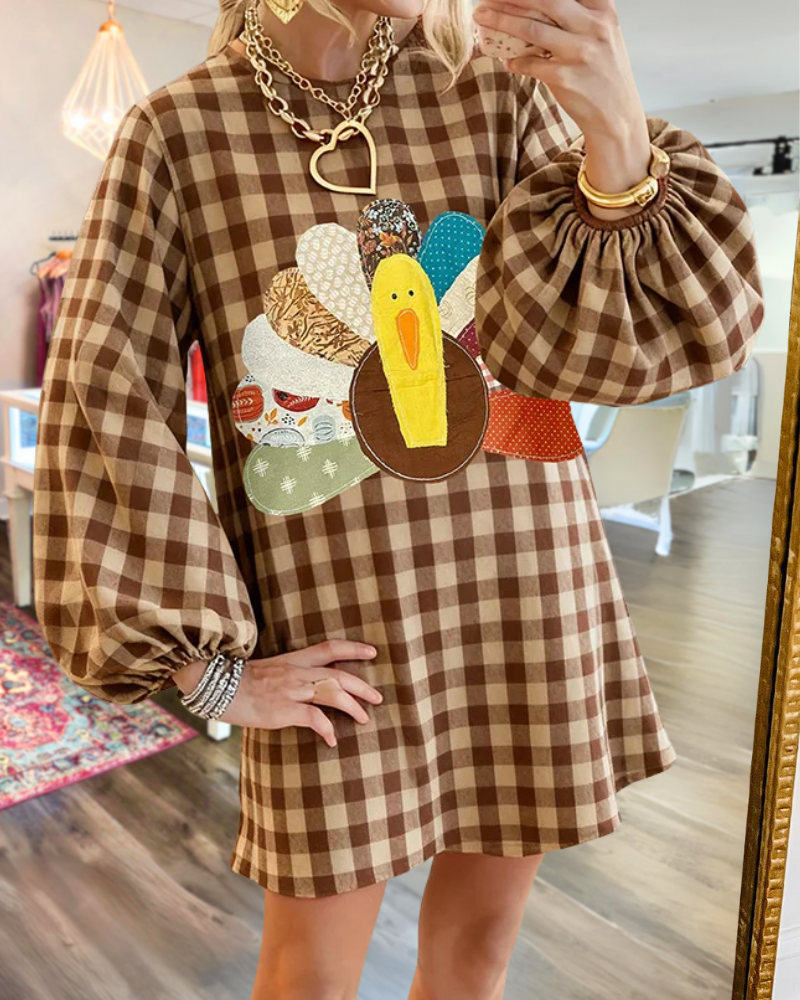 Turkey Embroidered Patch Plaid Mini Dress