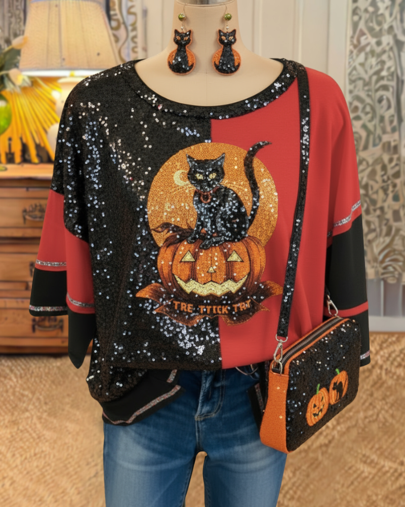 Sparkly CatPumpkin Halloween Top
