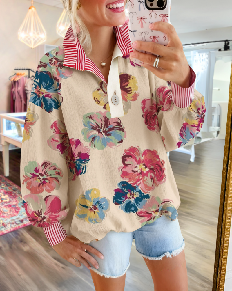 Floral Striped Ruffle Sweatshirt