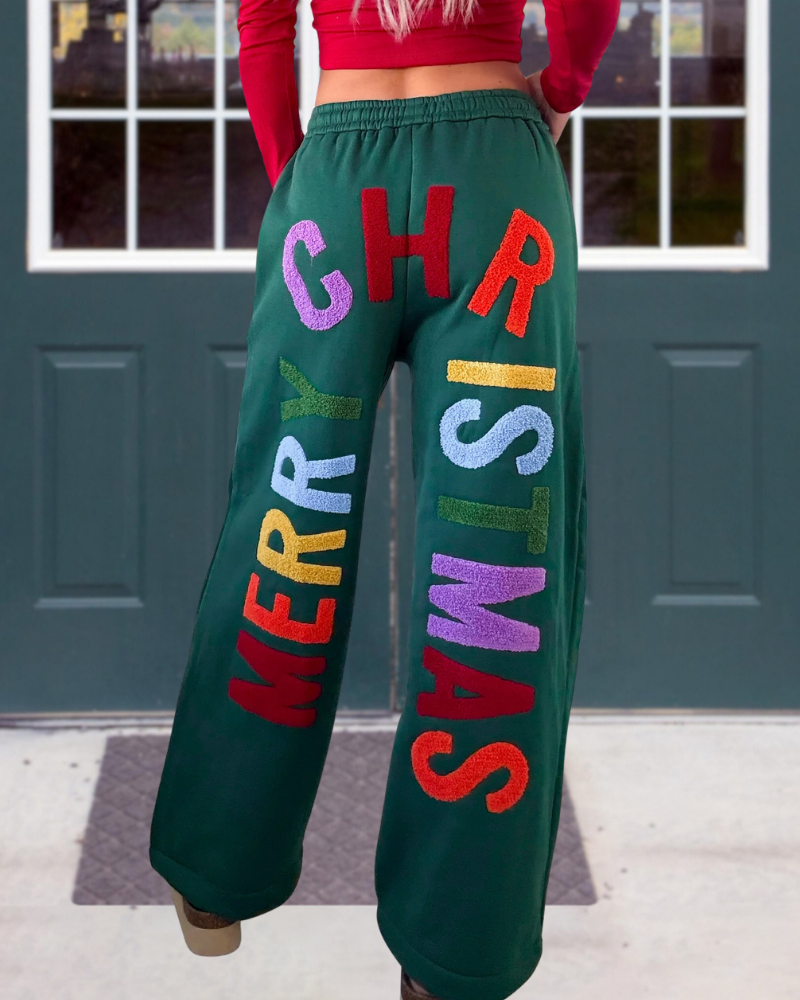 Merry Christmas Embroidered Pants