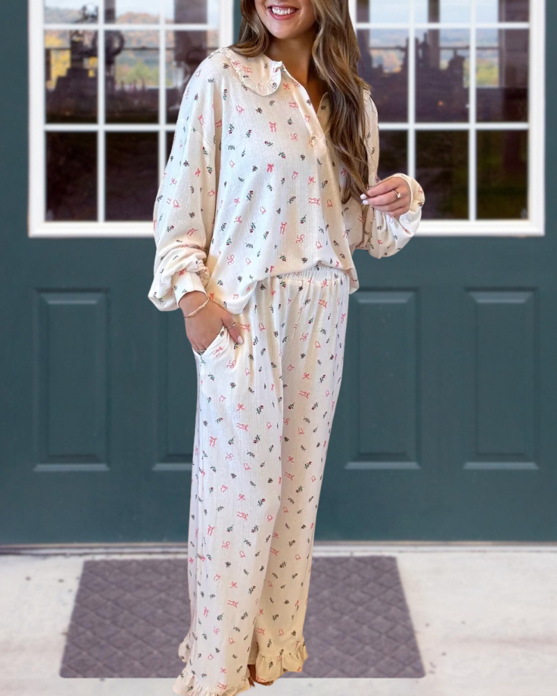 Floral Bow Ruffle Satin Set