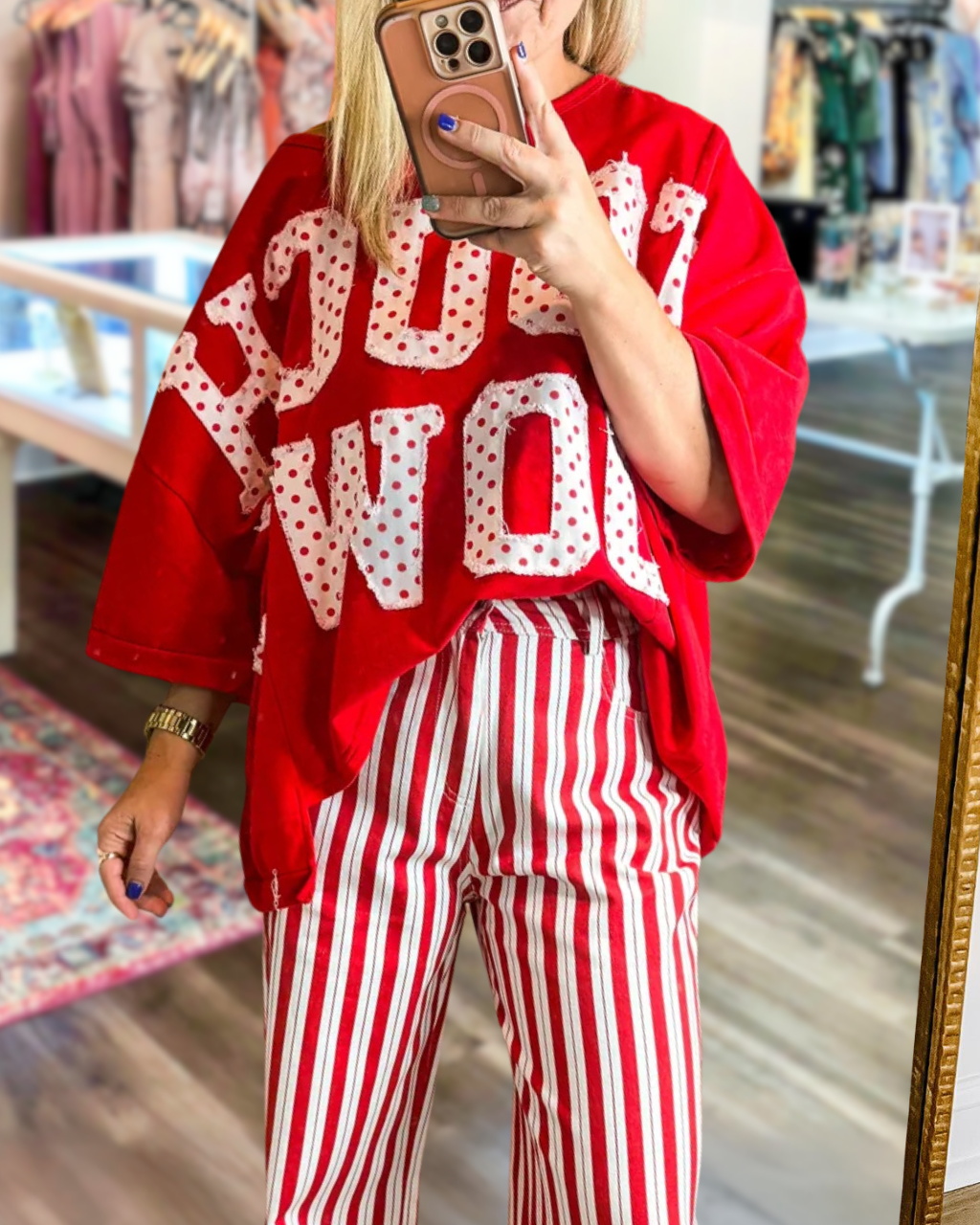 TOUCHDOWN Embroidery Polka Dot Gameday Top