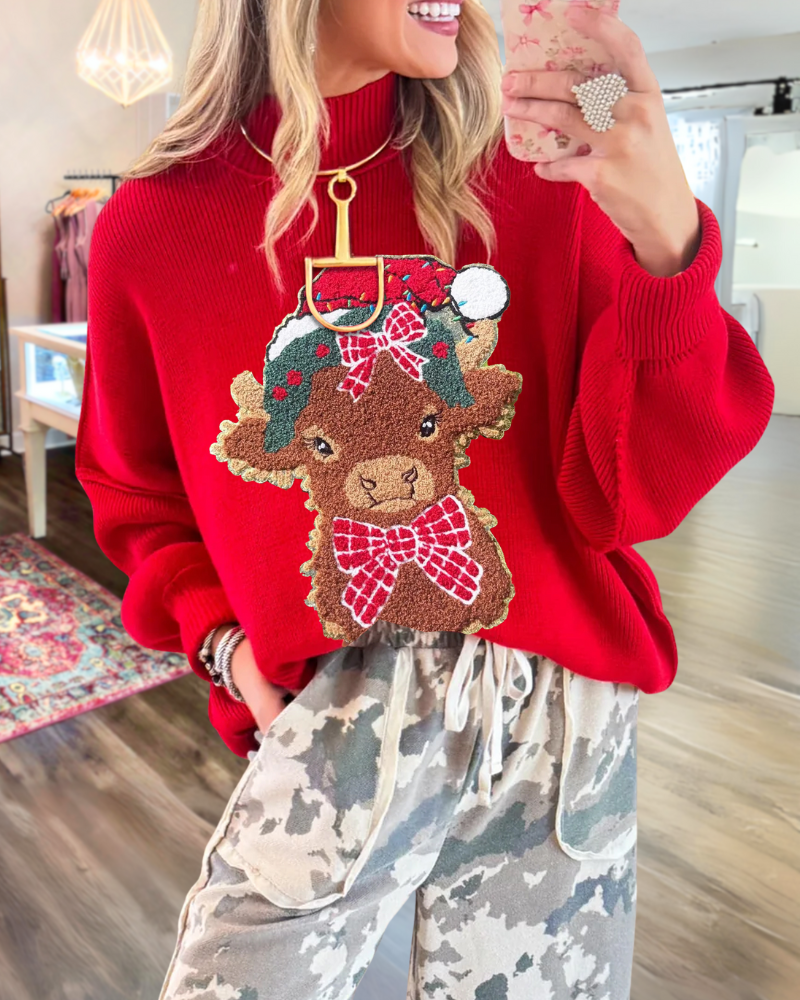 Christmas Reindeer Embroidered Ribbed Sweater
