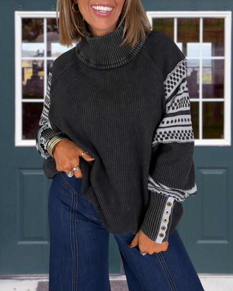 Waffle Turtleneck Ribbed Pullover
