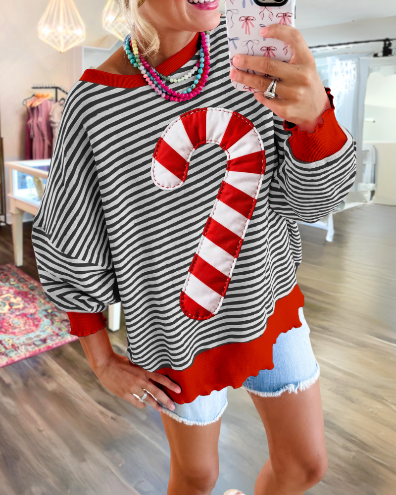 Candy Cane Print Striped Sweatshirt