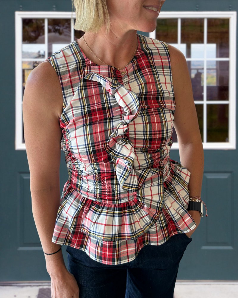 Slim Plaid Ruffle Top