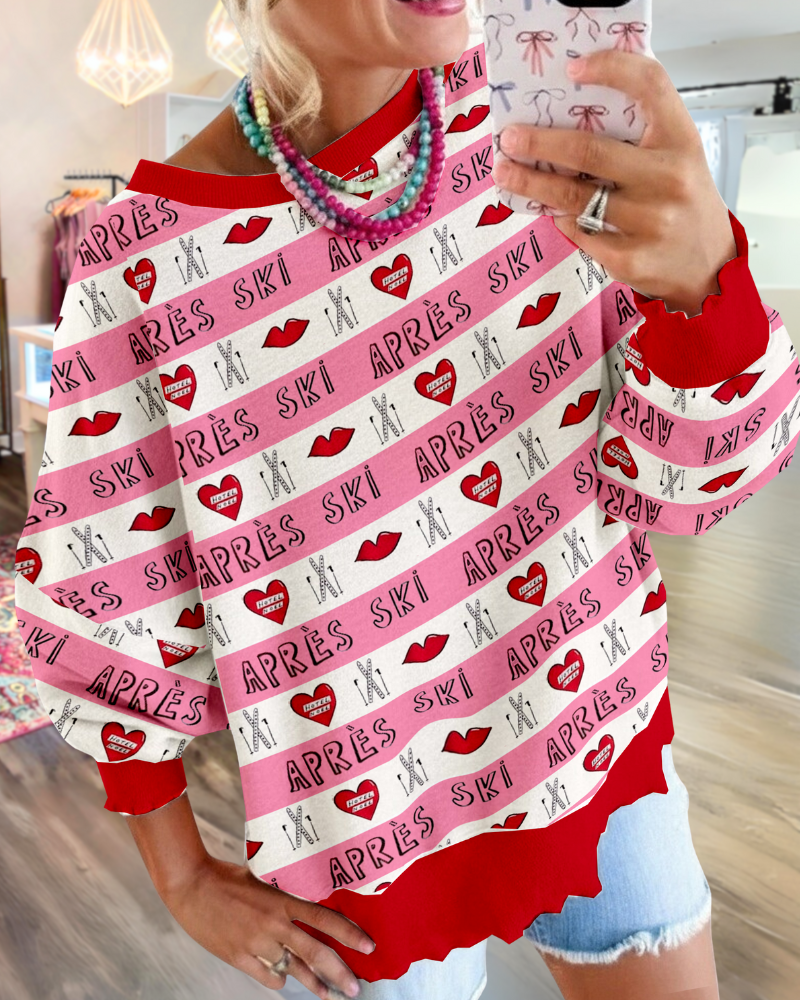 Skiing Heart Lips Striped Sweatshirt