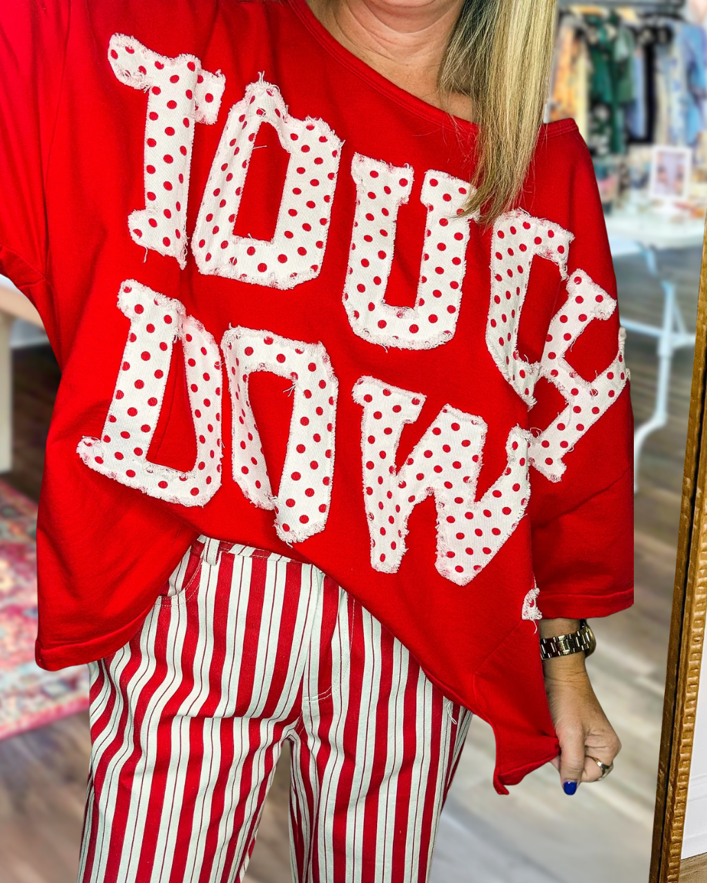 TOUCHDOWN Embroidery Polka Dot Gameday Top