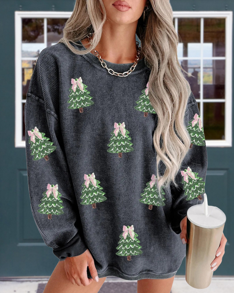 Christmas Tree Sequined Ribbed Sweatshirt