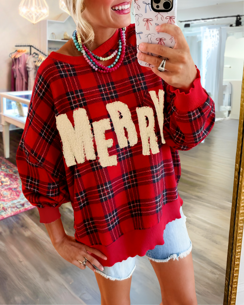 Merry Embroidered Plaid Sweatshirt
